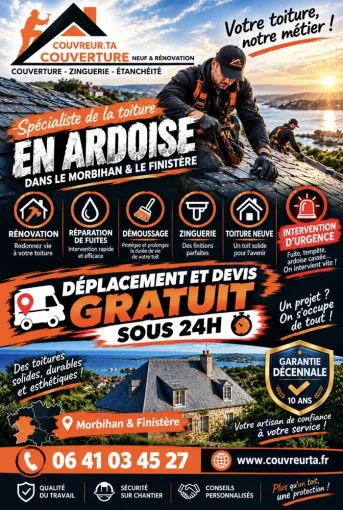 Rénovation complète de toiture, réparation de fuite, intervention d'urgence dans le Morbihan et le Finistère, dans le Morbihan et le Finistère, COUVREUR.TA