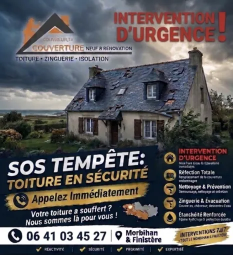⛈️⚠️ ALERTE TEMPÊTE – COUVREUR.TA RÉNOVATION ⚠️⛈️ , dans le Morbihan et le Finistère, COUVREUR.TA
